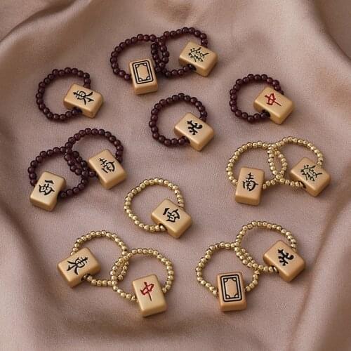 Origin Summer New Year Chinese Character Mahjong Ring for Women Funny Fortune Beaded Ring Party Gifts Jewelry Accessories