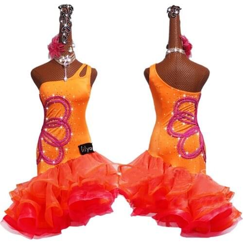 Latin Dance Competition Dress Performance Clothing Women Costumes Custom Girls Orange Big Swing Dance Skirt Latin Dress BL2893
