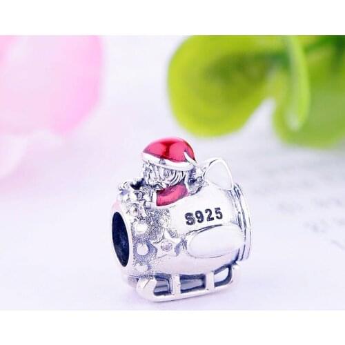 Authentic 925 Sterling Silver Red Enamel Santa Claus Sled Train Bead Fit Original Brand Charm Bracelet For Making Women Berloque