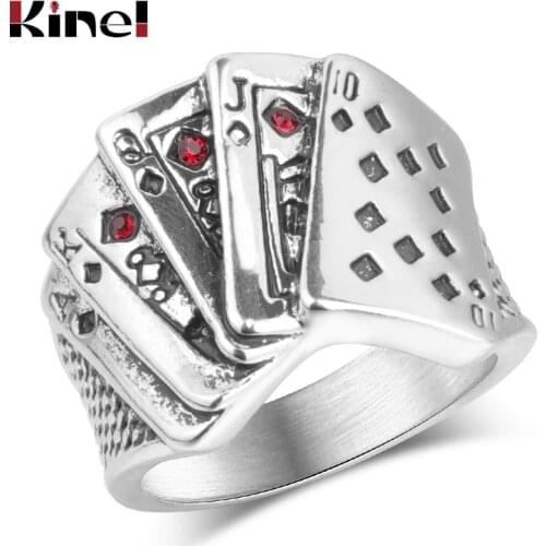 Kinel Poker Ring Solid Silver Color Rock Punk Rings For Men Women Straight Flush Black Signet Jewelry Size 6-9