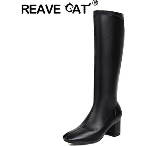 REAVE CAT 2021 Fashion Ladies Knee High Boots Stretch Sexy Zip Square Toe 5CM 7CM Block Heel Size 31-48 Black Yellow Beige A4440