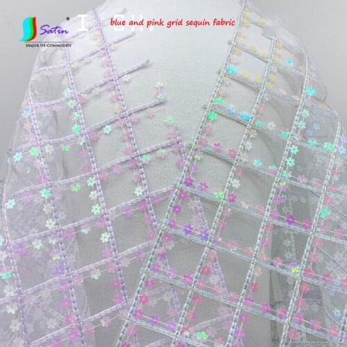 Pink Blue Lace Handmade Diy Patchcloth Ckirt Wedding Dress Curtain Embroidery Grid Small Flower Sequin Clothes Tulle Fabric