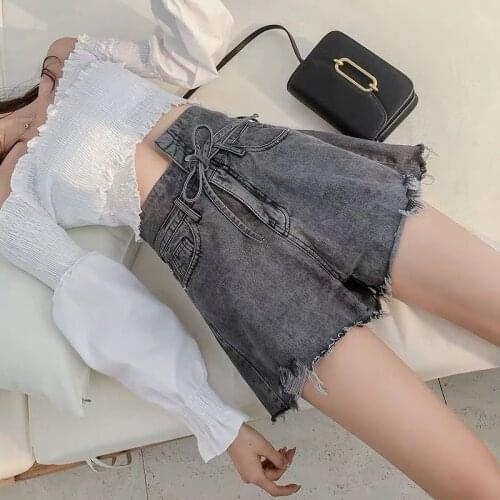High Waisted Lace-up Short Jeans Female 2021 Fashion Women New Summer Chic Asymmetry Female Denim Shorts Casual Bottoms Y771