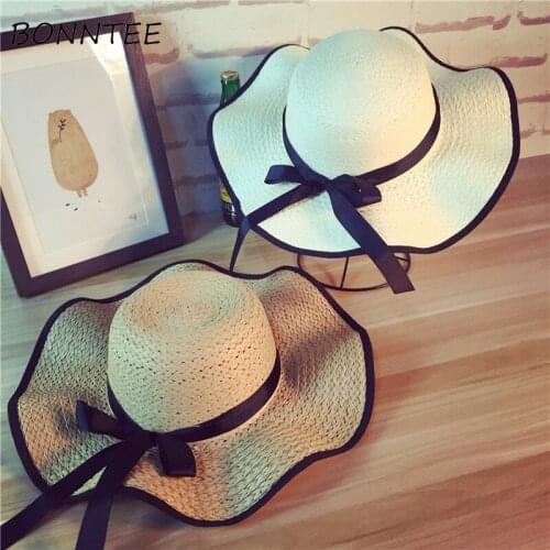 Sun Hats Women Elegant Bow Sunshade Big Wide Brim Vacation Beach Hat Summer Womens Trendy Korean Cute Casual Sunscreen New Girls
