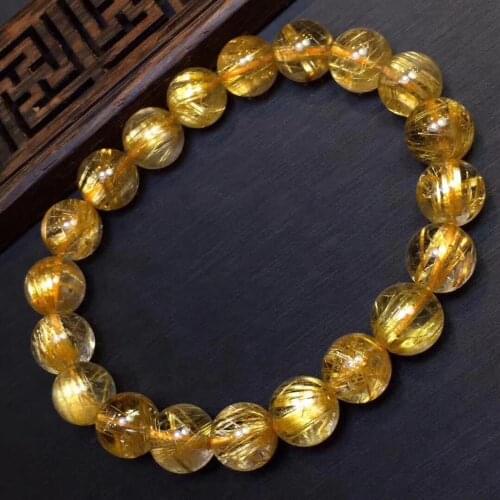 10mm Top Natural Brazil Gold Rutilated Quartz Bracelet For Women Men Round Beads Titanium Crystal Stretch Strands Jewelry AAAAA