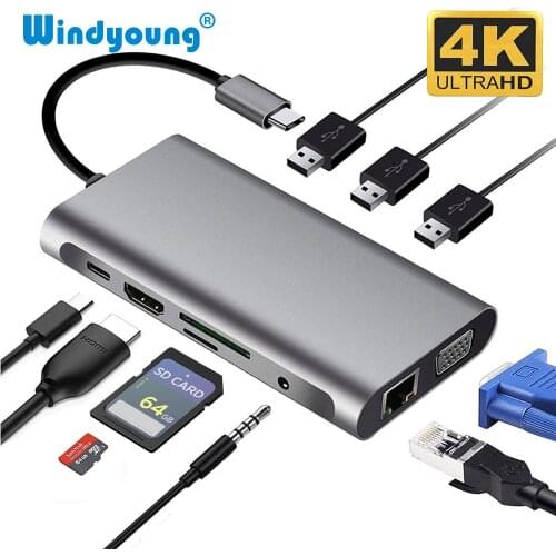 USB C HUB to HDMI Dock 10 in 1 Thunderbolt 3 Type C Adapter USB 3.0 Port 4K HDMI 1080P VGA RJ45 Gigabit Ethernet For Macbook Pro