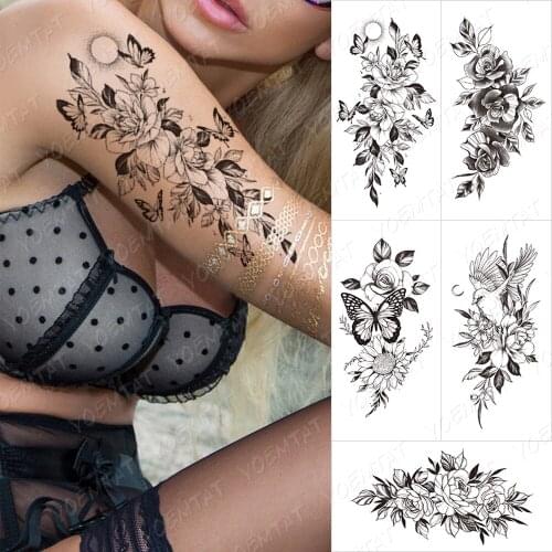 Waterproof Temporary Black Flower tattoo Stickers Leaf Wreath Rose Orchid Painted Transfer tattoos Women Body Art Fake Tatoo