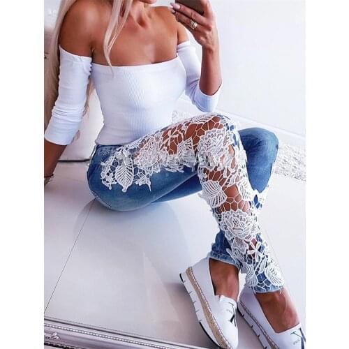 Plus Size 3XL Lace Floral Crochet Hollow-Out Jeans Autumn Women Elegant Sexy Denim Pencil Skinny Jeans