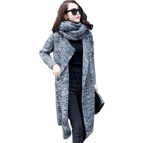 Long Cardigan Coat 2021 Autumn Winter Sweater Women New Loose Large Size Pull Femme Knit Sweaters With A Scarf Vestidos MMY053