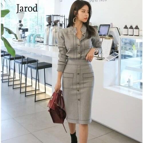 2020 Autumn Women Elegant 2 Piece Set Office OL Single Breasted Knitting sweater Coats+pencil Midi Skirts Suits For women