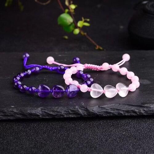 Natural Gem Stone Pink Quartz Heart Bracelet For Women Jewelry Accessory Handmade Amethyst Beads Healing Balance Energy Bracelet