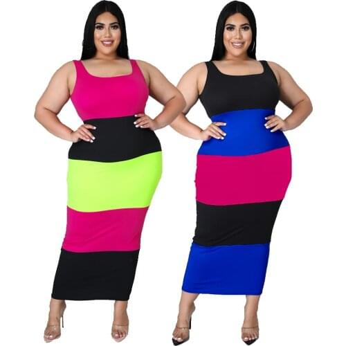 L-5xl Plus Size Dess Women Summer 2021 Striped Vest Sleeveless Elegant Casual Stretch Bodycon Maxi Long Dresses Clothing