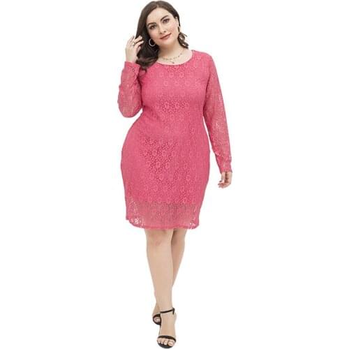 Uniquely Plus Size Rose Red Office Lady Mid Dress Tight-Fitting Female Topic Women Long Sleeves Dresses Summer 2021 Lace Flora