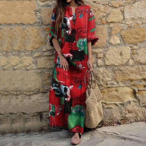 Women Maxi Cotton Linen Dress 2020 Autumn Casual Long Sleeve V-Neck Dresses Women Loose Printing Long Dress Vestido Plus Size