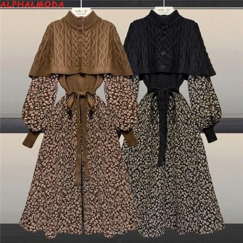 ALPHALMODA 2021 Spring Knitted Sweater Polka Dot Patchwork Chiffon Dress Single Breasted Cape Style Cardigan Dress for Women