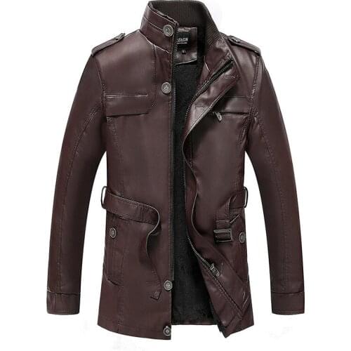 2019 Leather Mens Winter Thickened Plus Velvet Jacket Young Middle-aged Male Casual Mid-length Warm Cotton Windbreaker