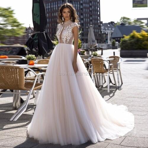 A Line Wedding Dresses Tulle High Neck Cap Sleeves Button Illusion Bridal Gowns Vestido De Noiva Court Train
