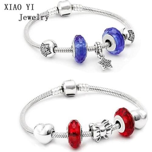 XIAOYI 100% s925 blue red star bow bracelet heart safe chain ice rhyme bead fashion gifts female jewelry free shipping