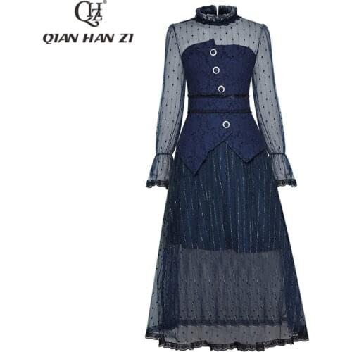 Qian Han Zi Fashion Summer Runway Womens dress 2021 vintage See-through mesh embroidery Patchwork lace Slim Party dress
