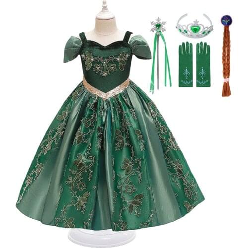 Anna Green Girls Princess Dress Elsa for Baby Kids Costume with Wig Crown Gloves Wig Anna Party Cosplay Dress Girl Clothing