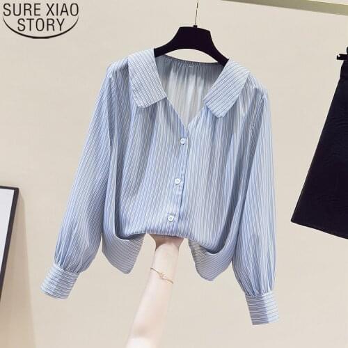 Elegant Silk Chiffon Shirt Turn Down Collar Button Up Shirt Blue Stripe Blouses Women French Autumn Fashion Tops Blusas 16700