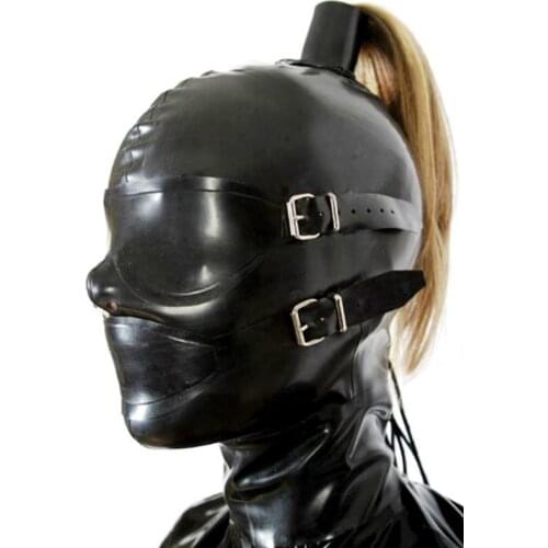 Latex Mask Sexy Rubber Hood with Eyes Cover Detachable Mouth Plug Fetish Mask with Wigs Latex Handmade Costume