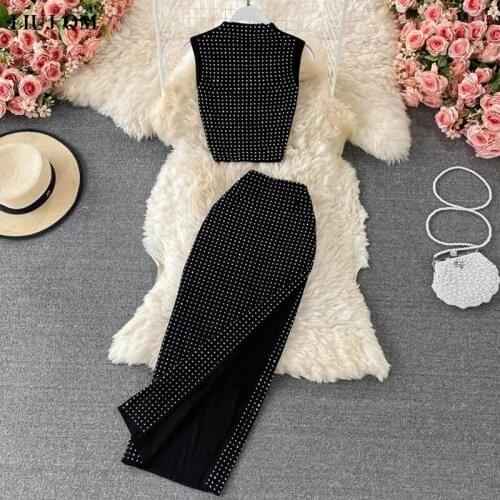 Summer Knit Hot Drilling Dress Sets High Waist Sexy Bag Hip Split Midi Skirts Womens 2021 + Crop Tops Two Piece Set Women Skirt