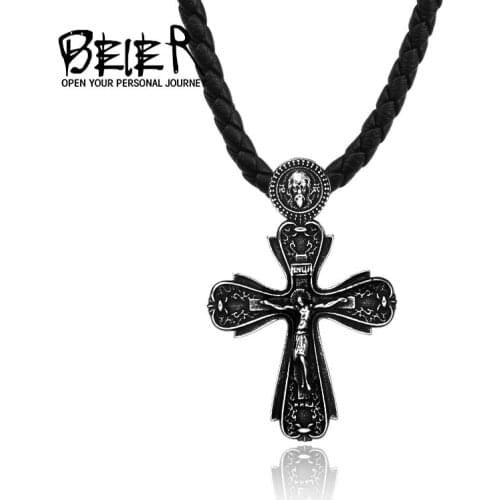 Beier Mens Christian Stainless Steel Catholic Religious Cross Crucifix Pendant Chain Necklace Jewelry LLLHP190P