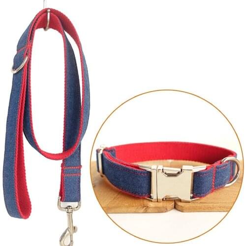 Dog Leash Collar Set Leash Adjustable Outdoor Cowboy Pet Collar Set Jean Leash Collar Heavy Duty Denim Dog Leash Collar Red
