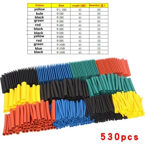 530PCS Heat Shrink Tube 5 Colour Diameter 1.5/2/3/4/5/6/8/10mm Assorted Tube Wrap Sleeve Set Combo