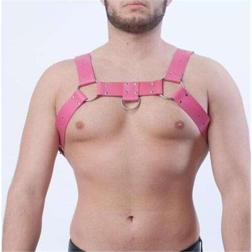 Male Leather Lingerie Sexual Gay Chest Harness Strap BDSM Men Pink Harness Belts with Buckle Fetish Gay Bondage Clothing for Sex