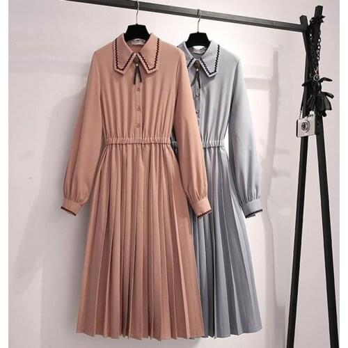 2020 New Chiffon Dress Women Spring Long-Sleeved Turn-down Collar Dresses Female Solid Casual Dress