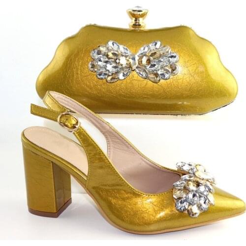 New fashion gold women pumps match handbag with big crystal decoration african dress shoes and bag set V56882-2,heel 9CM