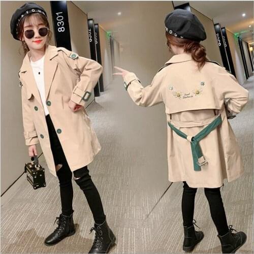 Girl Clothes Long Double-breasted Windbreaker Jacket Korean Teen Little Girl Jacket Tide Girl Jacket Children Top&outwear