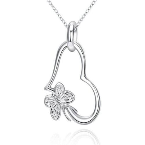 Wholesale silver plated pendant,925 fashion Silver colorjewelry butterfly heart pendants necklace for women/men +chain