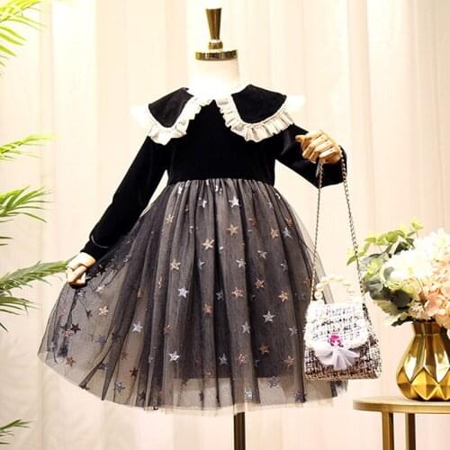 Autumn Girls Dress New Children Clothing Baby Kids Palace Net Yarn Lace Frills Lapel Long Sleeve Dress Princess Dress For Girls