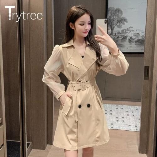Trytree 2020 Autumn Womens Trench Coat Patchwork Puff Sleeve Double Breasted Pockets Belt Elegant Office Womens Windbreaker