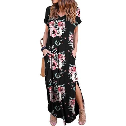 Women Floral Print Maxi Dress Summer Short Sleeve Boho Dresses Casual Side Splited Oversized Loose Long Womens Dress Robe Femme