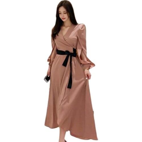 CINESSD The Sexy Loose Robe Dress 2019 Women Autumn Solid Polyester V-neck Long Batwing Sleeve Office Dress Vestidos Plus Size