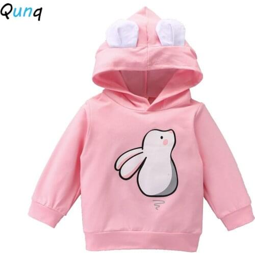 Qunq Pink Girls Sweatshirt Hooded Cute Ear Long Sleeve Spring Fall Kids Tops Clothes Rabbit Baby Toddler Children Pullovers