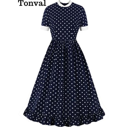 Tonval Short Sleeve Polka Dot Vintage 70s Summer Midi Dress High Waist Elegant Clothes for Women Ruffle Hem Long Dresses