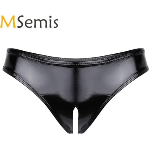 MSemis Women Panties Sexy Lingerie Crotch Panties High Cut Underwear Wet Look Patent Leather Elastic Waistband Briefs for Women