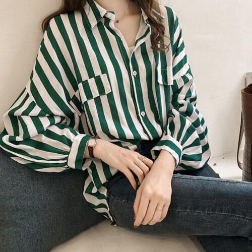 Women Spring Summer Style Loose Blouses Shirts Lady Casual Striped Printed Turn-down Collar Long Sleeve Blusas Tops DD9134