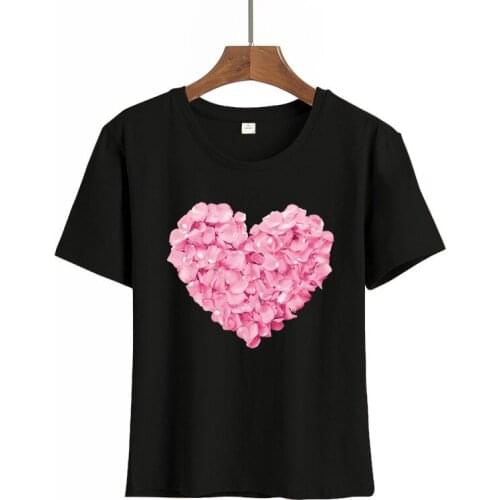 2021 Pink Heart Flower Print Women T-Shirt Couples Lovers Casual White Tops Short Sleeve Women T Shirt Love Heart Print Female