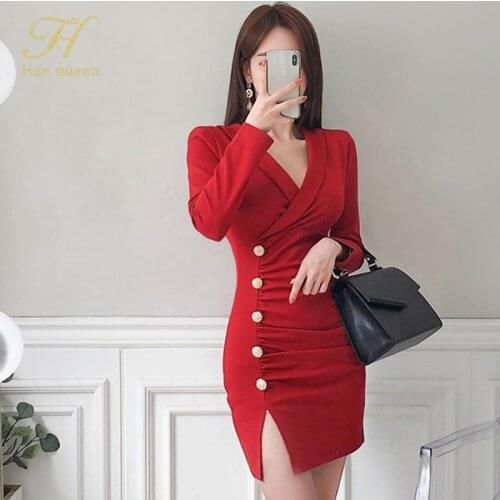 H Han Queen Autumn V-neck Single-breasted Pencil Bodycon Dress Women Long Sleeve Sheath Dresses Korean Chic Occupation Vestidos