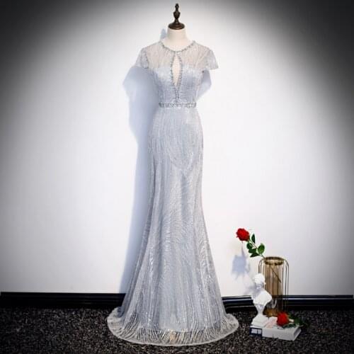 Beading Illusion Eveing Dresses Mermaid Floor-length Gray Zipper Back Custom Plus size O-neck Sex Bling Formal Dress Women R1273