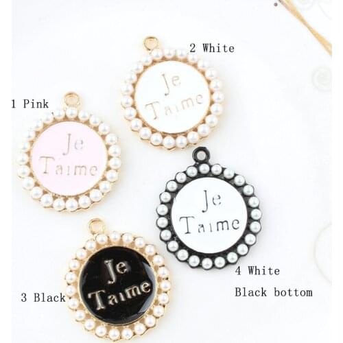 10pcs Drop Oil Alloy 34*38mm JeTaime Letter Charm Love Word Round Pearl Plate Pendant Diy Jewelry Earrings Necklace Making