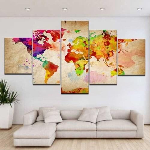 5 Panel/piece HD Print Multicolor Retro Vintage World Map modern art wall posters Canvas For home living room decoration
