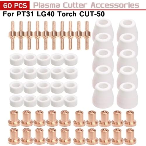 60 Pcs Air Plasma Cutting Cutter Consumables Extended Shield Cap Electric Electrode Nozzles Gas Ring For PT31 LG40 Torch CUT-50