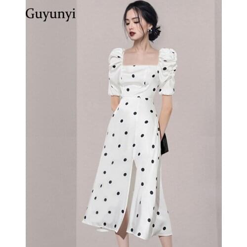 Attend Event White Vintage Dress 2021 Summer Black Dot High Waist Puff Sleeve Square Collar Temperament Elegant Party Dress